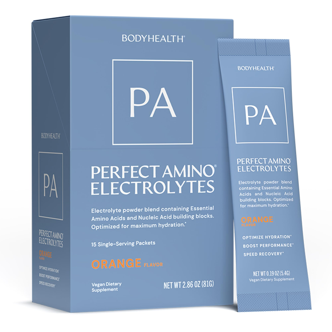 BodyHealth PerfectAmino Electrolyte Drink Mix - Orange - No Sugar, Keto &amp; Fasting Friendly, Hydration with Trace Minerals - Stick Packs