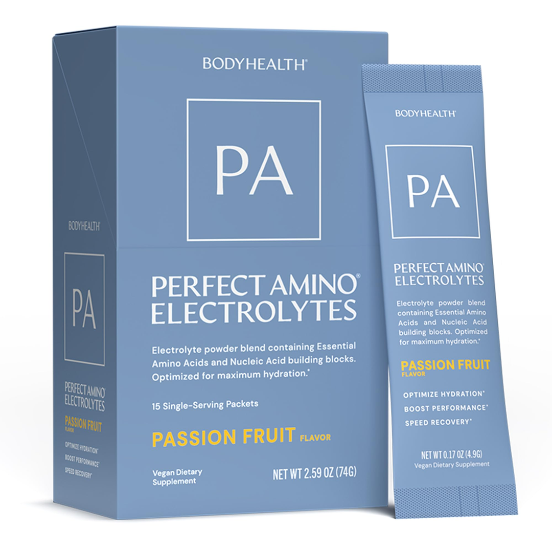 BodyHealth PerfectAmino Electrolyte Drink Mix - Passion Fruit - No Sugar, Keto &amp; Fasting Friendly, Hydration with Trace Minerals - Stick Packs