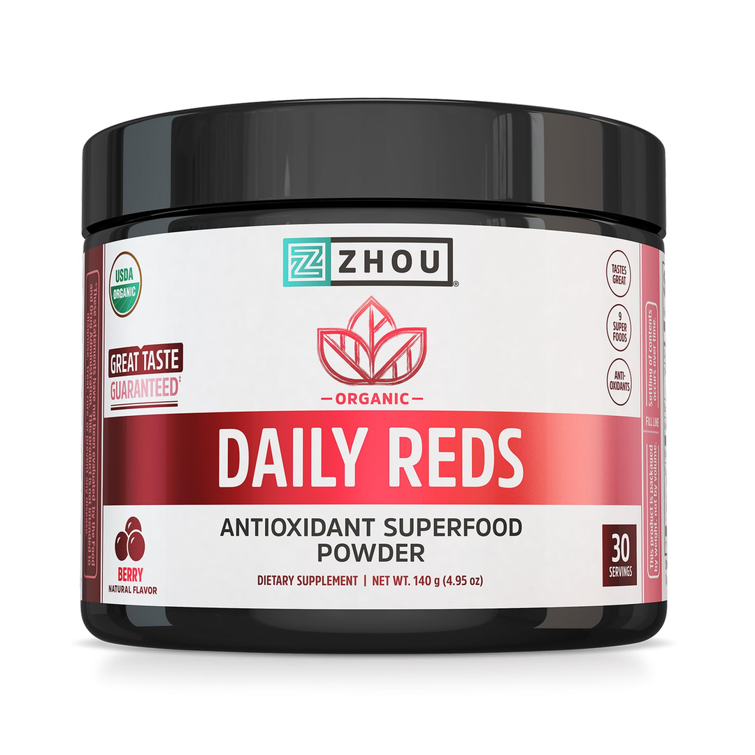 Zhou Organic Reds Powder - Red Powder Superfood with Beetroot, Super Fruits, Goji Berry, & Tart Cherry, Antioxidant Support for Whole-Body Health - Natural Berry Flavor, 4.95 oz (30 Servings)