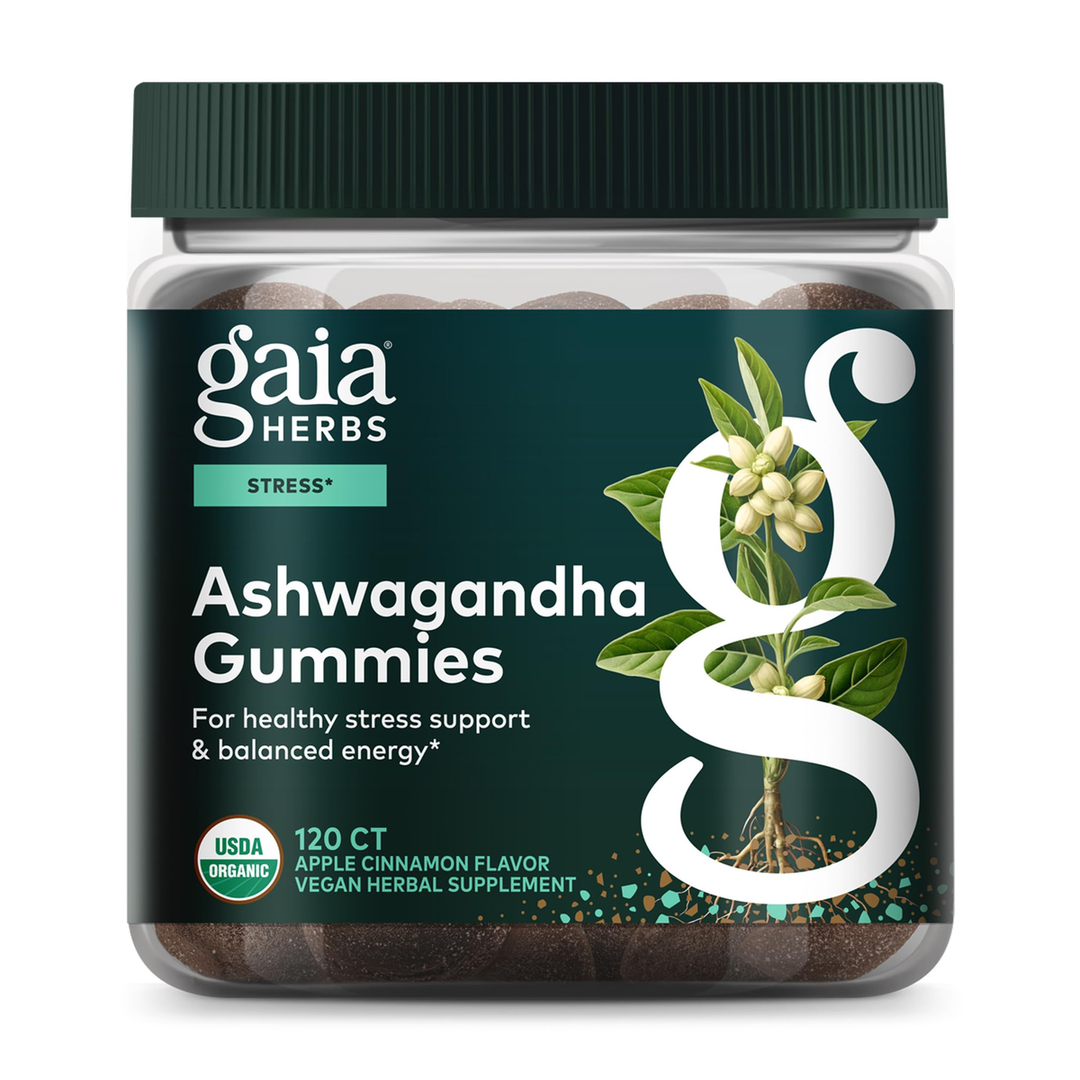 Gaia Herbs Organic Ashwagandha Gummies - Stress Support - Made with Cinnamon &amp; Ginger - Gluten Free &amp; Vegan - 120 Count (40 Servings)