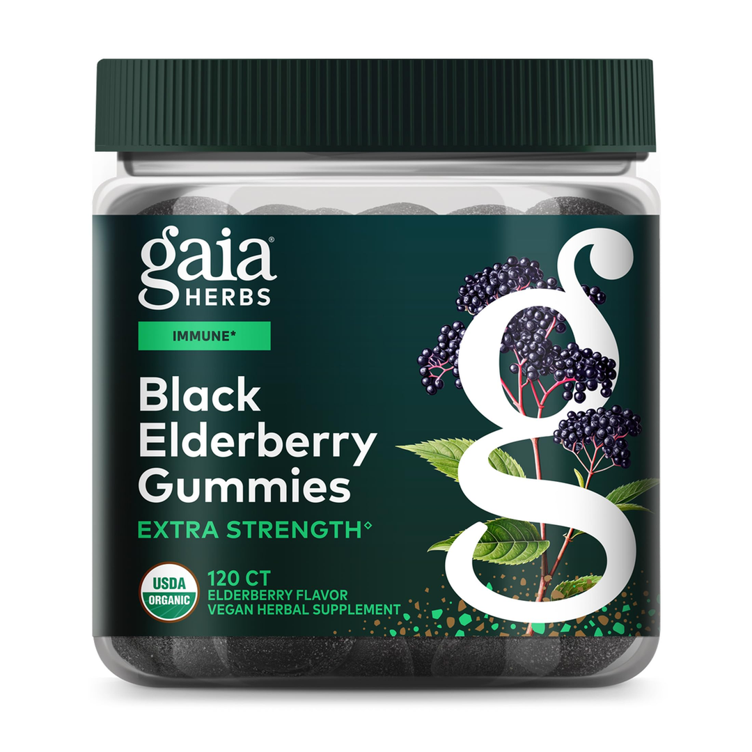 Gaia Herbs Black Elderberry (Sambucus nigra) Extra Strength Gummies - Delicious Immune Support Supplement - Certified Organic Black Elderberries for Immune System Support - 120 Gummies (60 Servings)