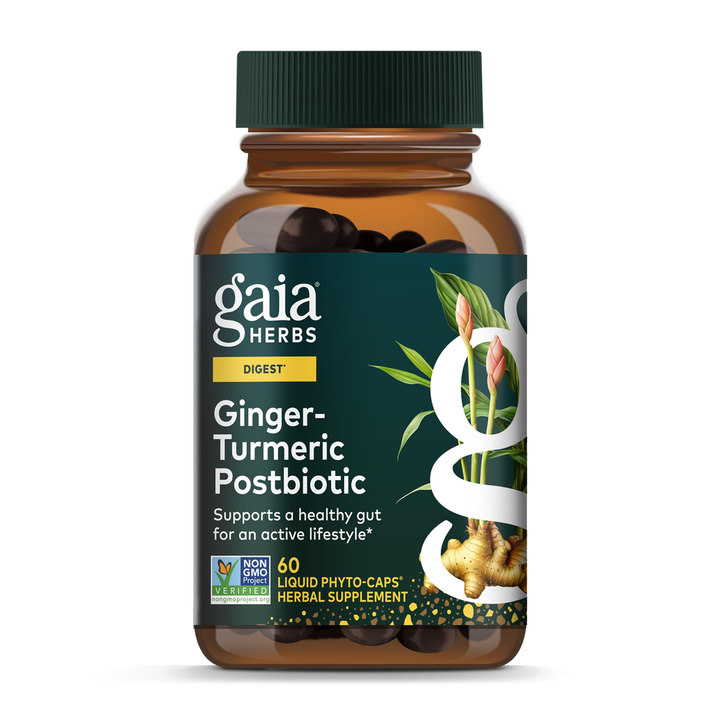 Gaia Herbs Ginger-Turmeric Postbiotic - Healthy Gut Support - 60 Vegan Liquid Phyto-Caps (30 Servings)