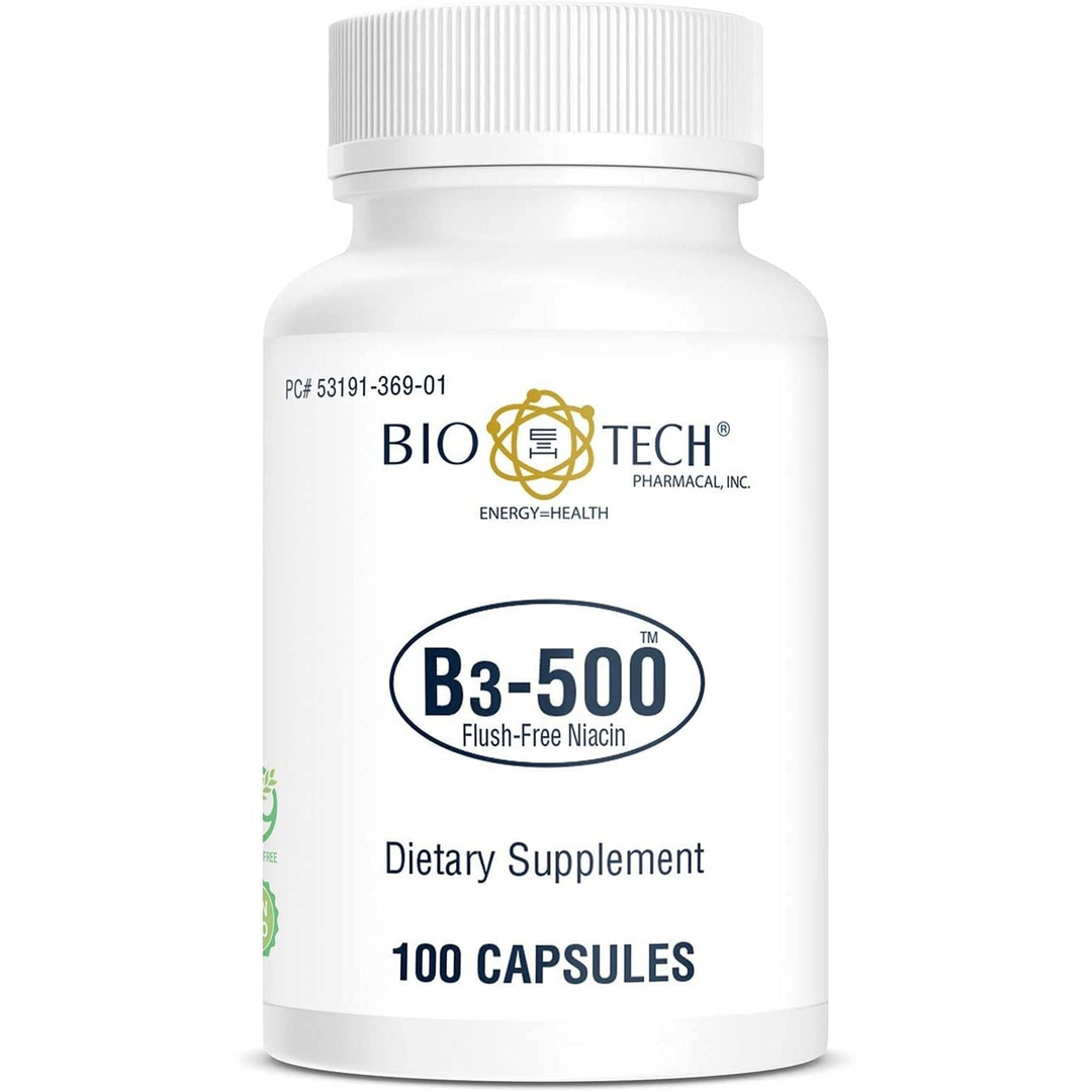 Bio-Tech Pharmacal B3-500, 100 Capsules - All-Natural Supplement - No Dairy, Fish, Gluten, Peanut, Shellfish, GMOs, & Soy - No Artificial Colors