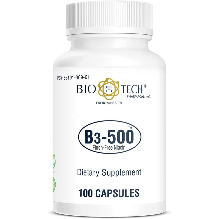 Bio-Tech Pharmacal B3-500, 100 Capsules - All-Natural Supplement - No Dairy, Fish, Gluten, Peanut, Shellfish, GMOs, &amp; Soy - No Artificial Colors