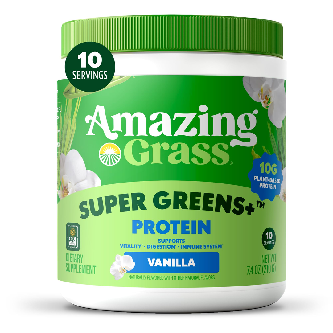 Amazing Grass Super Greens+ Protein Powder, Vanilla - 10g Plant-Based Protein, Supports Digestion & Immune System, Organic Greens Blend, 10 Servings