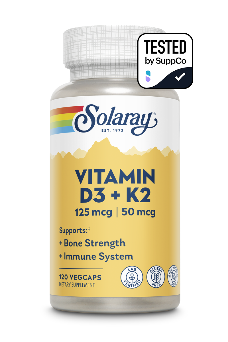 SOLARAY Vitamin D3 K2, K2 D3 Vitamin Supplement for Calcium Absorption, Bone Strength, Cardiovascular & Immune Function Support, Made Without Soy, 60-Day Guarantee, 60 Servings, 60 VegCaps