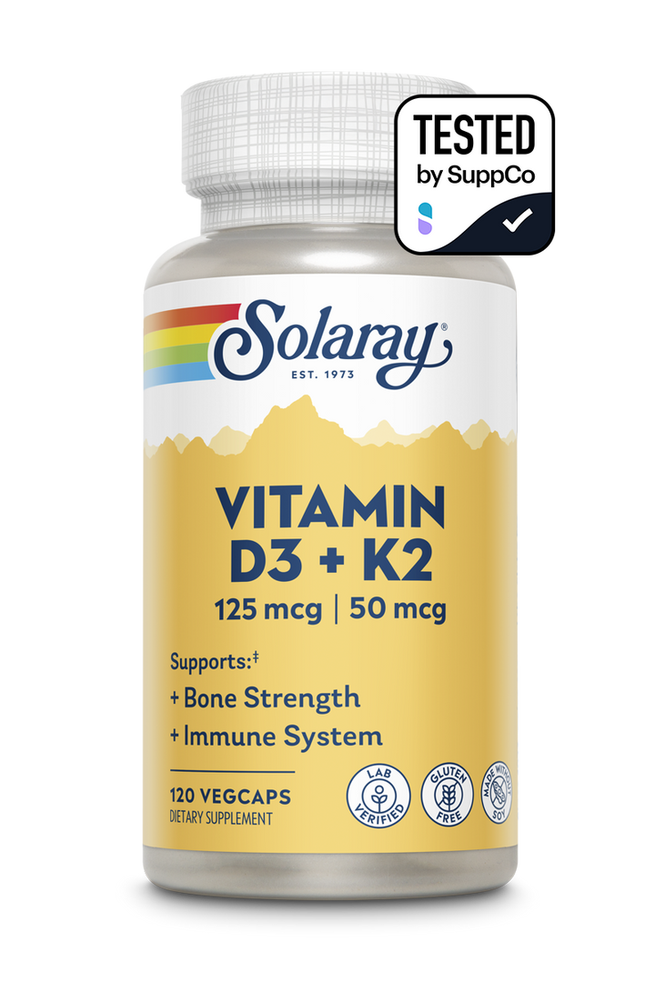 SOLARAY Vitamin D3 K2, K2 D3 Vitamin Supplement for Calcium Absorption, Bone Strength, Cardiovascular &amp; Immune Function Support, Made Without Soy, 60-Day Guarantee, 60 Servings, 60 VegCaps