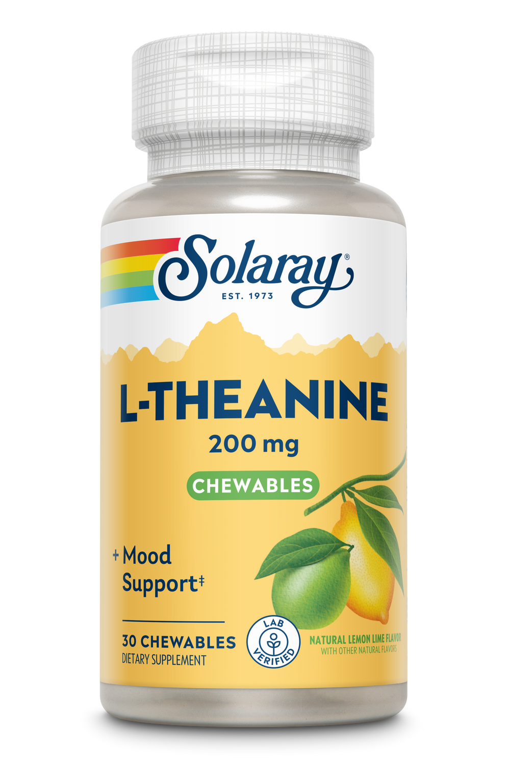 SOLARAY L Theanine 200mg, Healthy Mood Support and Focus Supplement with Vitamin B-6, Sugar Free Natural Lemon Lime Flavor, Lab Verified, 60-Day Guarantee, 30 Servings, 30 L Theanine Chewables