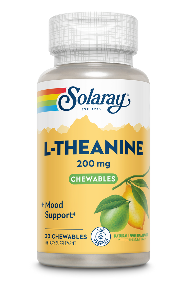 SOLARAY L Theanine 200mg, Healthy Mood Support and Focus Supplement with Vitamin B-6, Sugar Free Natural Lemon Lime Flavor, Lab Verified, 60-Day Guarantee, 30 Servings, 30 L Theanine Chewables