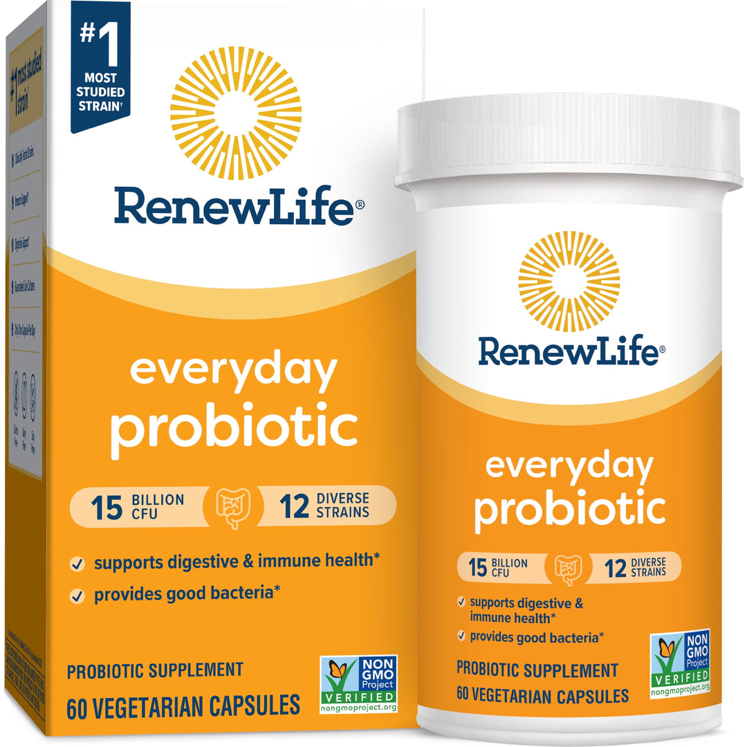 Renew Life Adult Probiotics, 15 Billion CFU Guaranteed, Everyday Probiotic Supplement for Digestive & Immune Health, Shelf Stable, Gluten Dairy & Soy Free, 60 Capsules
