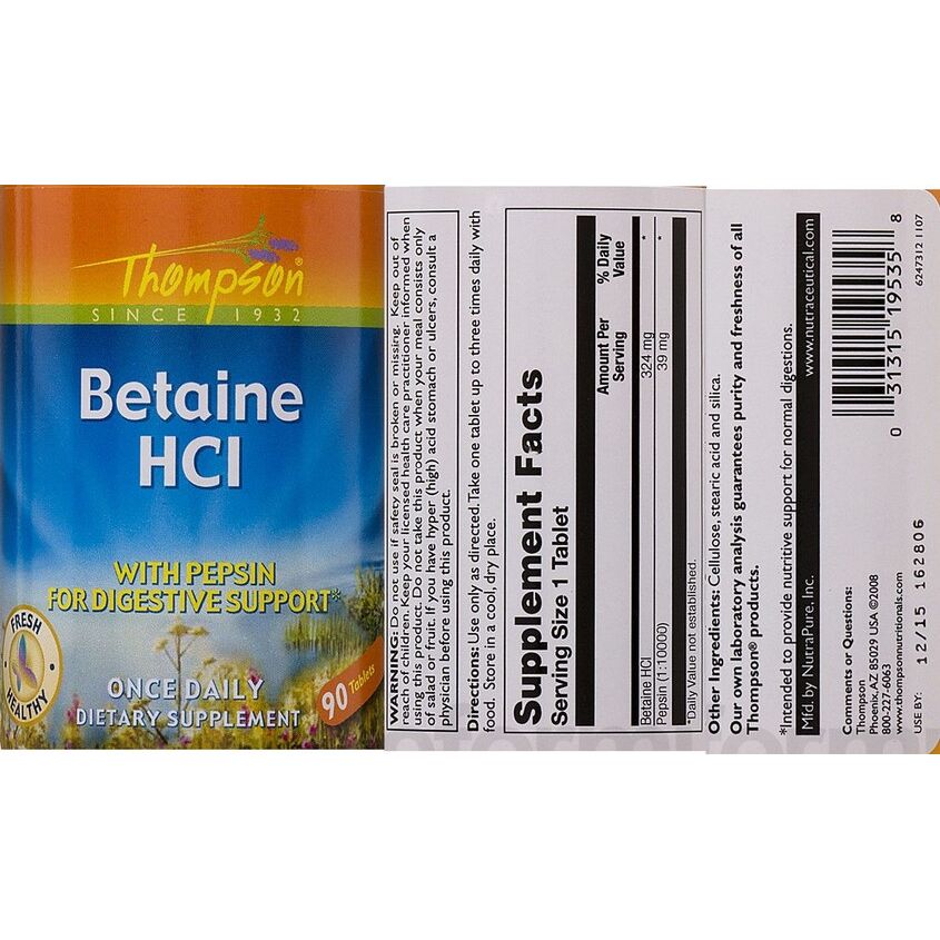 Thompson - Betaine HCl with Pepsin - 90 Tablets - 2 Pack