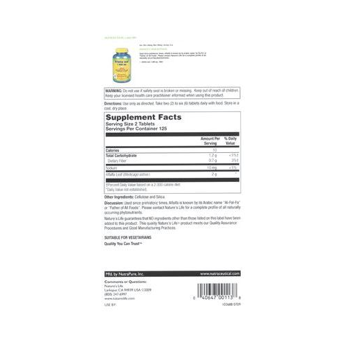 Nature's Life Alfalfa Leaf 1,000mg 500 Tablets