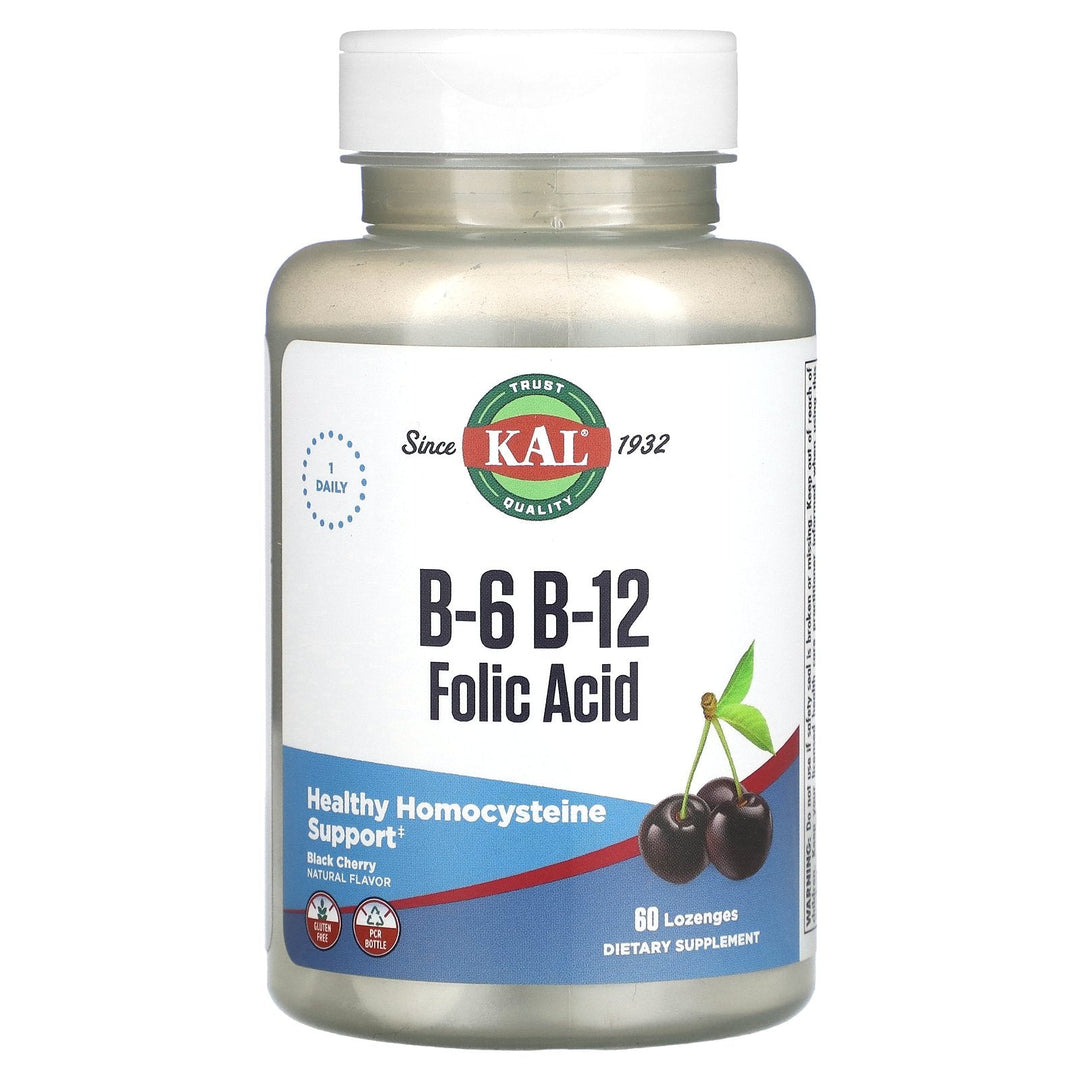 KAL Vitamin B-6 B-12 Folic Acid Supplement, B Vitamins for Healthy Energy, Heart & Red Blood Cell Support, w/Vitamin B12 Methylcobalamin and Folate, Natural Cherry, Gluten Free, 60 Serv, 60 Lozenges