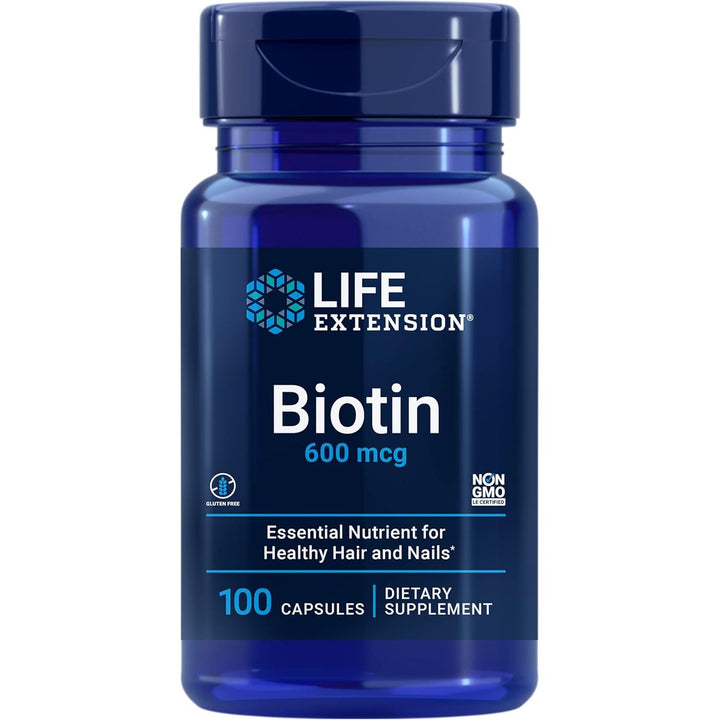Life Extension Biotin 600 mcg Vitamin B7 Support Supplement for Beautiful Hair, Nails &amp; Beyond � Gluten-Free, Non-GMO - 100 Capsules