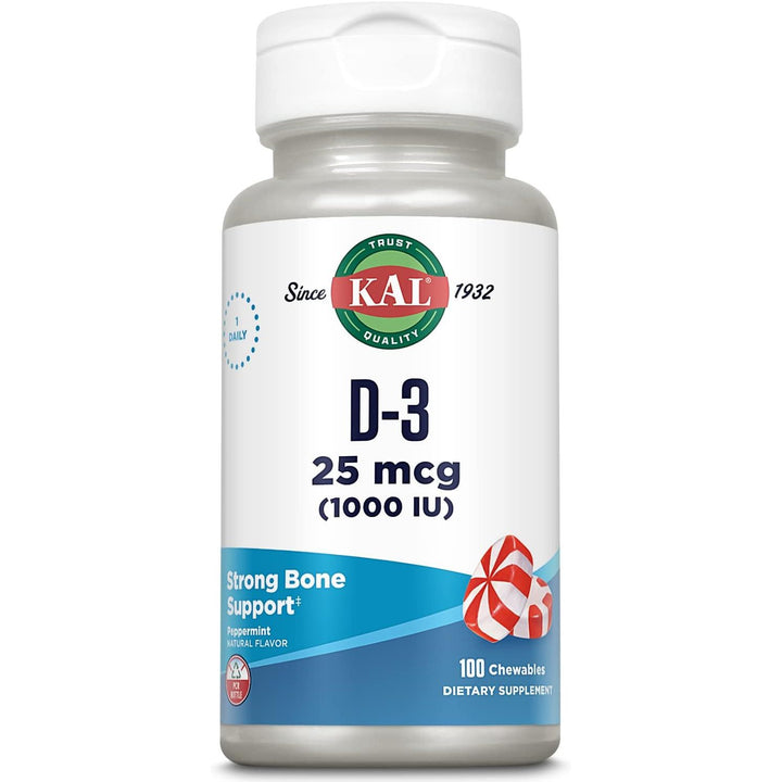 KAL Vitamin D3 1000 IU 25 mcg, Vitamin D Chewables, Calcium Absorption, Bone Health and Immune Support Supplement, Natural Peppermint Flavor, Sweetened with Xylitol, 100 Servings, 100 Chews