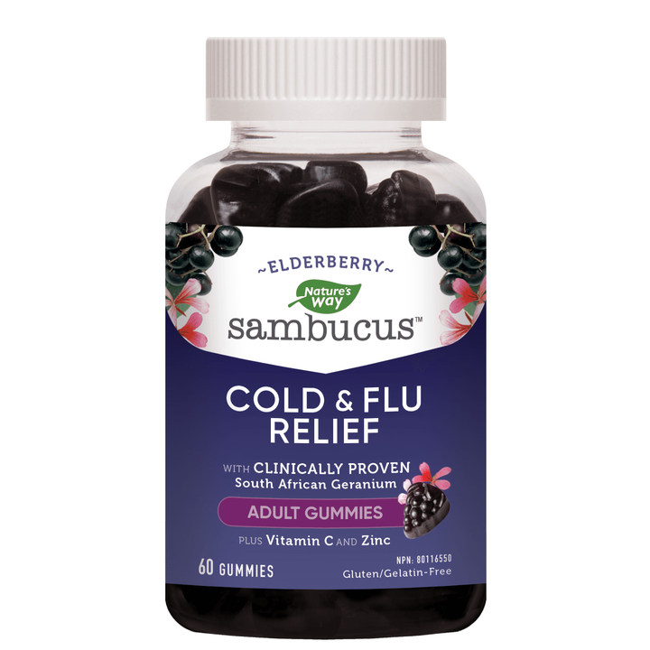 Nature’s Way Sambucus Cold + Flu Relief Elderberry Chewables, for Fever*, Body Aches*, Chills*, Runny Nose*, Congestion, Sore Throat, Pelargonium Sidoides 1X, 20 Berry Flavored Tablets