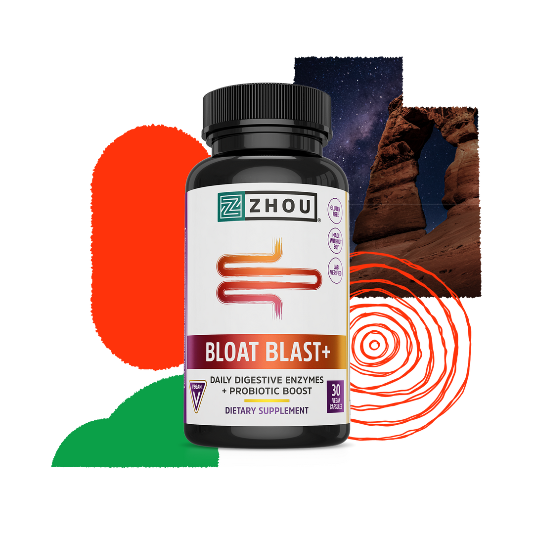Zhou Nutrition Bloat Blast+ - Digestive Support Supplement for Women & Men, Daily Digestive Enzymes with Probiotics for Gut Health, Gluten Free, Vegan - 30 Veggie Capsules