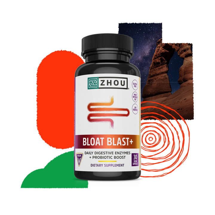Zhou Nutrition Bloat Blast+ - Digestive Support Supplement for Women &amp; Men, Daily Digestive Enzymes with Probiotics for Gut Health, Gluten Free, Vegan - 30 Veggie Capsules