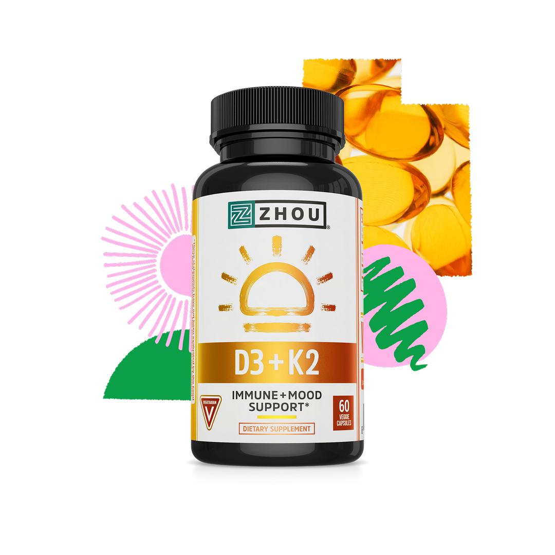 Zhou D3+K2 - Vitamin D3 K2 Supplement for Women & Men, Immune Support Vit D3 and K2 Gummy, Gelatin Free Formula with 5000 IU of D3 and MK-7 - 60 Veggie Gummies (Pack of 1)