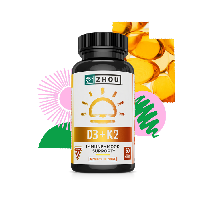 Zhou D3+K2 - Vitamin D3 K2 Supplement for Women &amp; Men, Immune Support Vit D3 and K2 Gummy, Gelatin Free Formula with 5000 IU of D3 and MK-7 - 60 Veggie Gummies (Pack of 1)