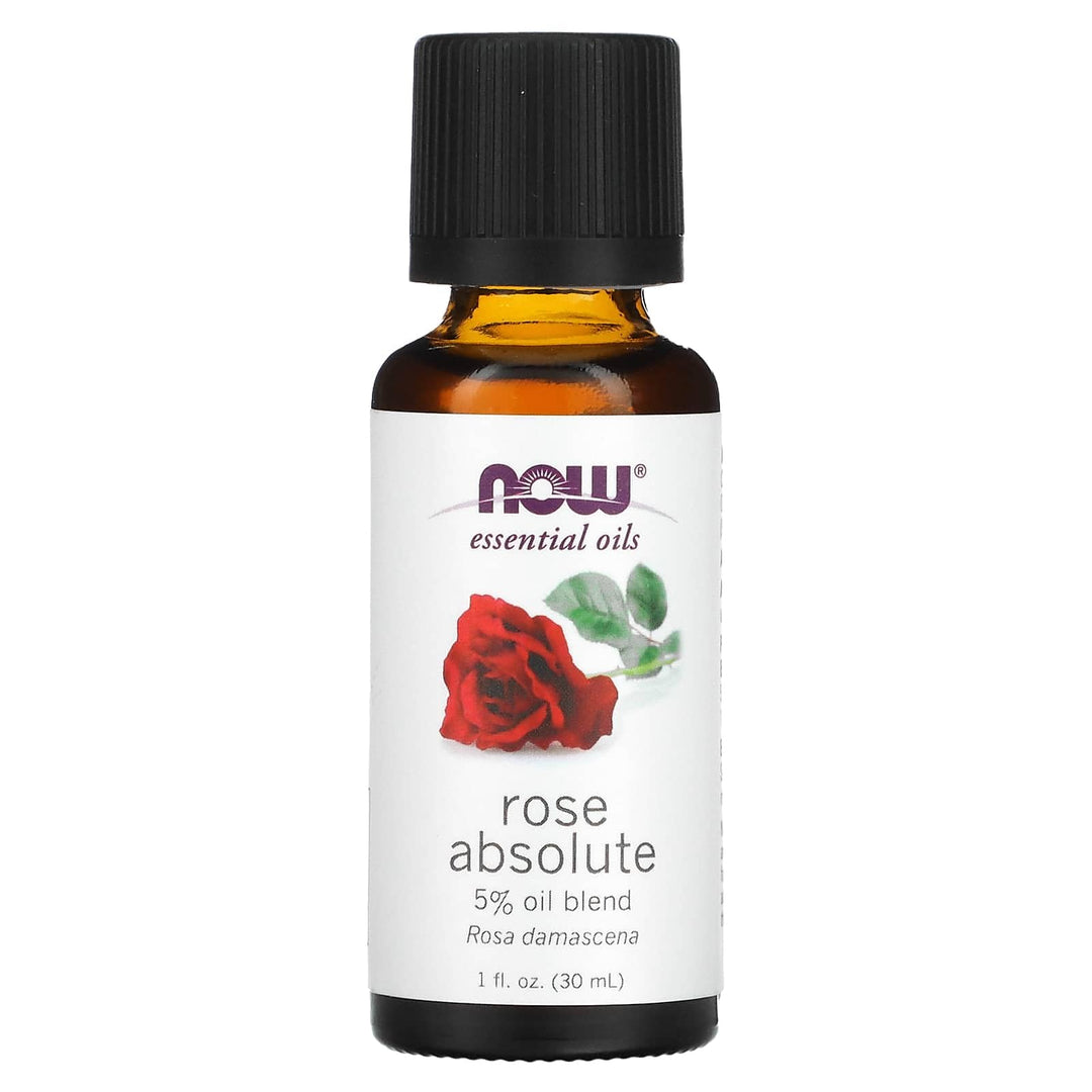 NOW Essential Oils, Rose Absolute, 5% Blend of Pure Rose Absolute Oil in Pure Jojoba Oil, Romantic Aromatherapy Scent, Vegan, Child Resistant Cap, 1-Ounce