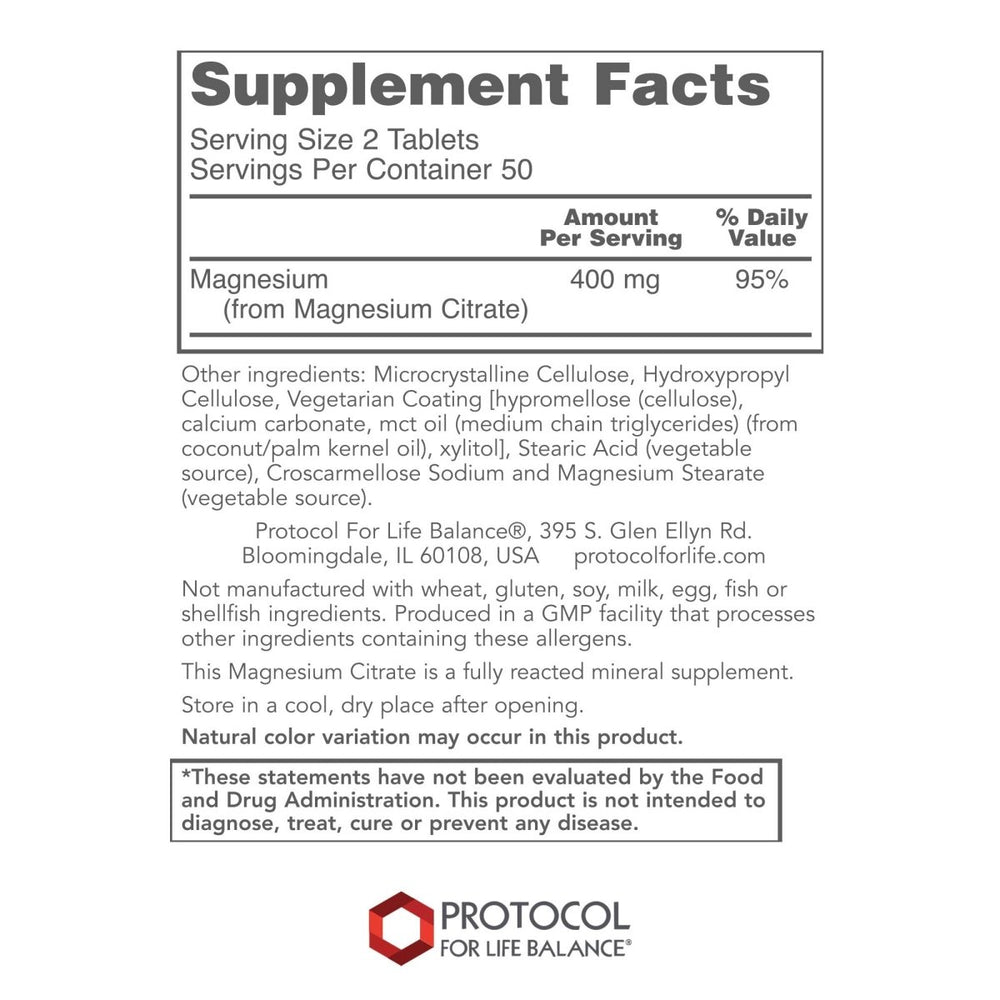 Protocol for Life Balance Magnesium Citrate 400mg 100 Tablets - P1290 - The Oasis of Health