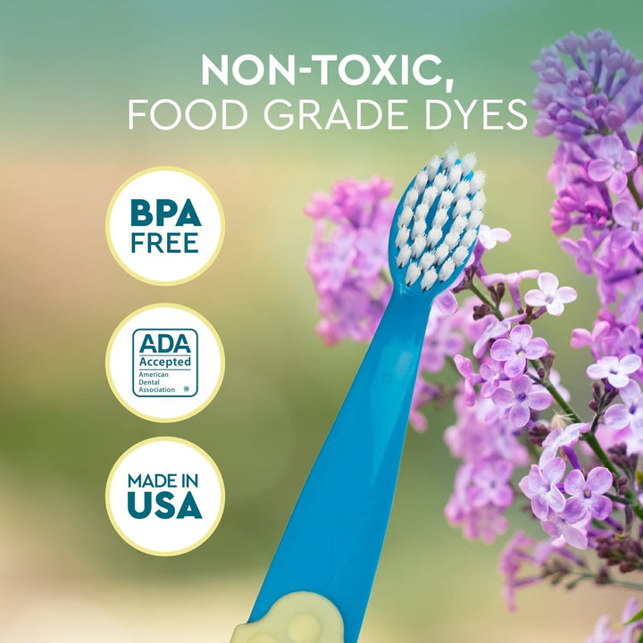 RADIUS Totz Plus Brush Kids Toothbrush Silky Soft BPA Free ADA Accepted Designed for Delicate Teeth & Gums for Children 3 Years & Up - Bluewhite/GreenYellow/Blueblue - Pack of 3 - The Oasis of Health