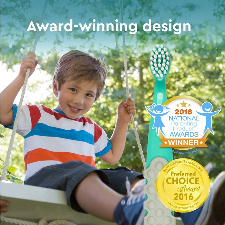 RADIUS Totz Plus Brush Kids Toothbrush Silky Soft BPA Free ADA Accepted Designed for Delicate Teeth & Gums for Children 3 Years & Up - Bluewhite/GreenYellow/Blueblue - Pack of 3 - The Oasis of Health