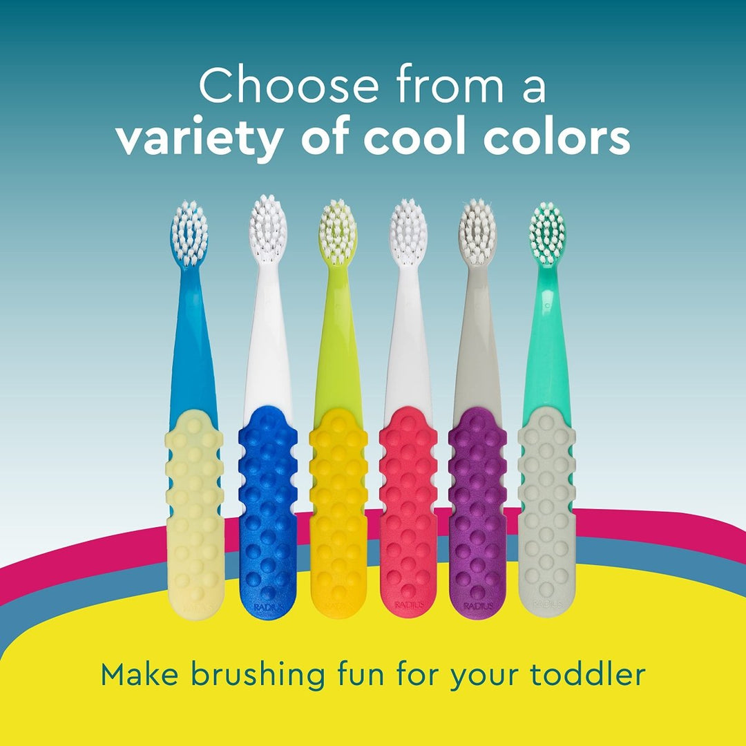 RADIUS Totz Plus Brush Kids Toothbrush Silky Soft BPA Free ADA Accepted Designed for Delicate Teeth & Gums for Children 3 Years & Up - Bluewhite/GreenYellow/Blueblue - Pack of 3 - The Oasis of Health