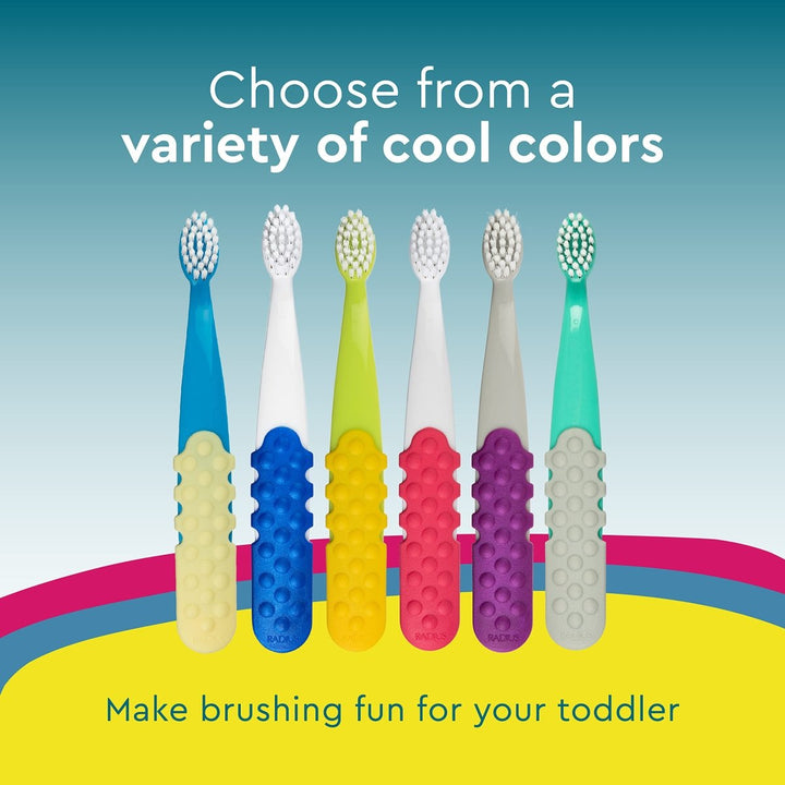 RADIUS Totz Plus Brush Kids Toothbrush Silky Soft BPA Free ADA Accepted Designed for Delicate Teeth & Gums for Children 3 Years & Up - Bluewhite/GreenYellow/Blueblue - Pack of 3 - The Oasis of Health