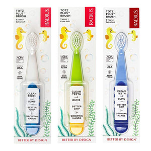 RADIUS Totz Plus Brush Kids Toothbrush Silky Soft BPA Free ADA Accepted Designed for Delicate Teeth & Gums for Children 3 Years & Up - Bluewhite/GreenYellow/Blueblue - Pack of 3 - The Oasis of Health