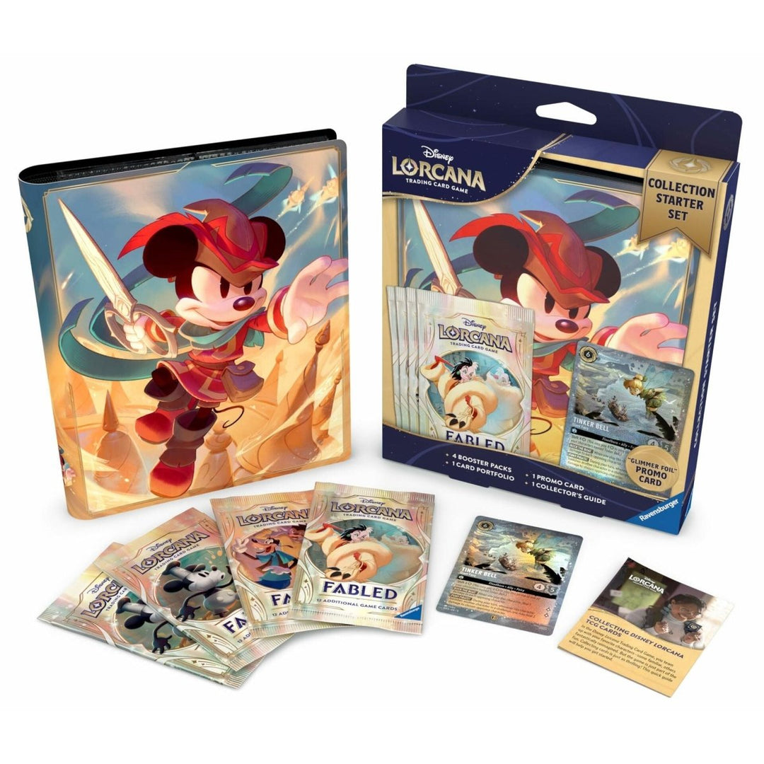 Ravensburger Disney Lorcana TCG - Collection Starter Set - Includes 4 Fabled Booster Packs, Mickey Mouse Card Portfolio, Glimmer Foil Tinker Bell Promo & Collector’s Guide - The Oasis of Health