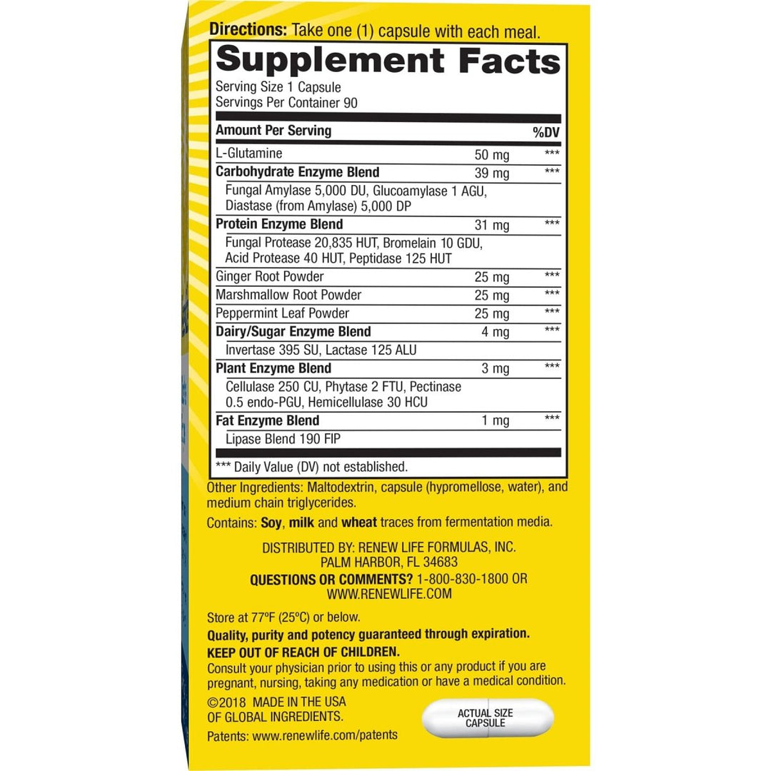 Renew Life Adult Digestive Enzyme - L - Glutamine, DigestMore Plant - Based Foods Enzyme Formula for Men & Women, Smooths Digestive Tract, Vegetarian, 90 Capsules - The Oasis of Health