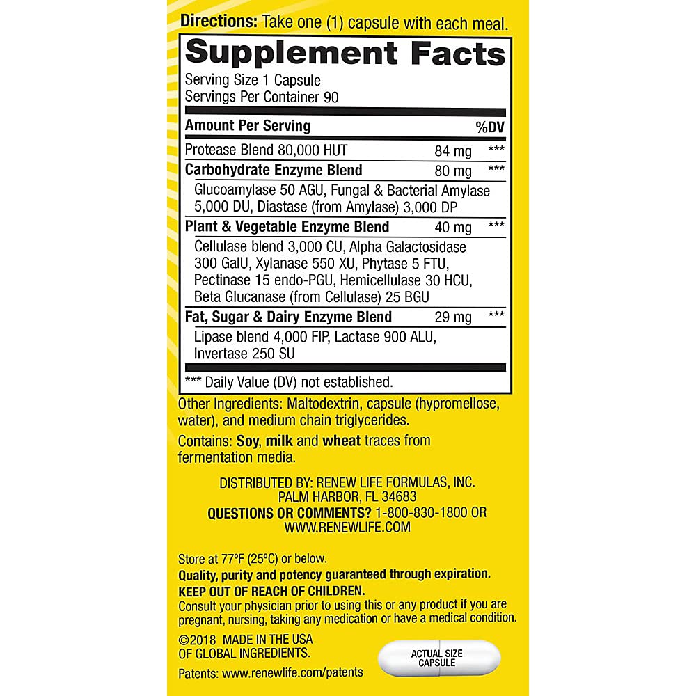 Renew Life Adult Digestive Enzymes, Dietary Supplement Enhances Digestion & Nutrient Absorption, Helps Relieve Gas, Bloating & Indigestion, Dairy, Soy & Gluten Free, 90 Capsules - The Oasis of Health