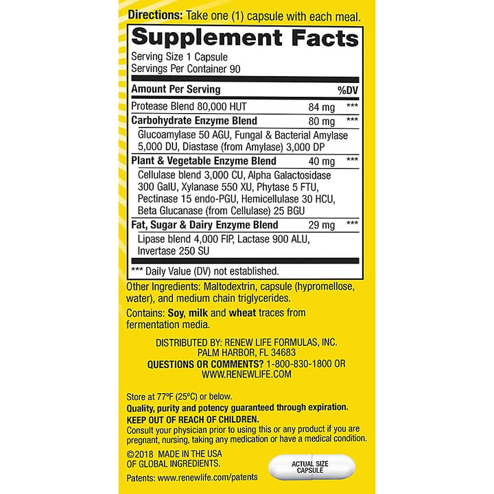 Renew Life Adult Digestive Enzymes, Dietary Supplement Enhances Digestion & Nutrient Absorption, Helps Relieve Gas, Bloating & Indigestion, Dairy, Soy & Gluten Free, 90 Capsules - The Oasis of Health