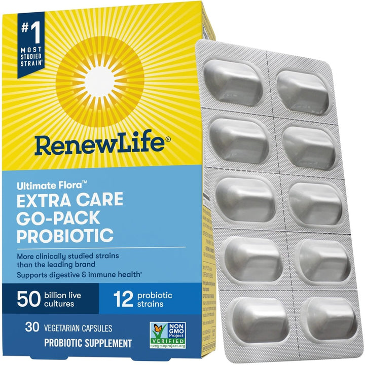 Renew Life Adult Probiotics, 50 Billion CFU Guaranteed, Extra Care Go - Pack, Probiotic Supplement for Digestive & Immune Health, Shelf Stable, Gluten Dairy & Soy Free, 30 Capsules - The Oasis of Health