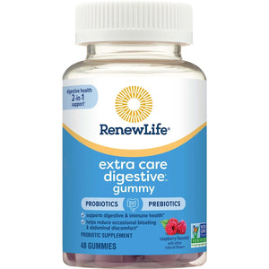 Renew Life Extra Care Digestive Prebiotic and Probiotic Gummies, Daily Supplement for Digestive and Immune Health, B. Coagulans and B. Subtilis, Dairy, Soy and gluten - free, 2 Billion CFU, 48 Count - The Oasis of Health