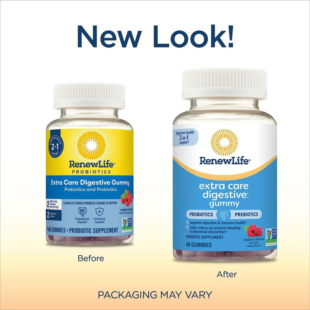 Renew Life Extra Care Digestive Prebiotic and Probiotic Gummies, Daily Supplement for Digestive and Immune Health, B. Coagulans and B. Subtilis, Dairy, Soy and gluten - free, 2 Billion CFU, 48 Count - The Oasis of Health