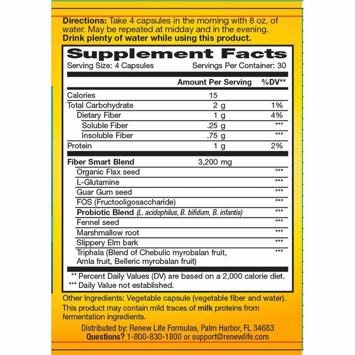 Renew Life - Fiber Smart - For Sensitive Colons - fiber supplement - colon health - 120 vegetable capsules - 30 day supply - The Oasis of Health