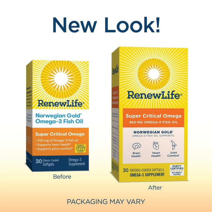 Renew Life Fish Oil, Norwegian Gold Omega - 3 Supplement ? 950mg Critical Omega - 3 Fish Oil Supplement, Dairy & Gluten Free, Supports Healthy Heart & Brain Function, Burp - Free - 30 Soft Gel Capsules - The Oasis of Health