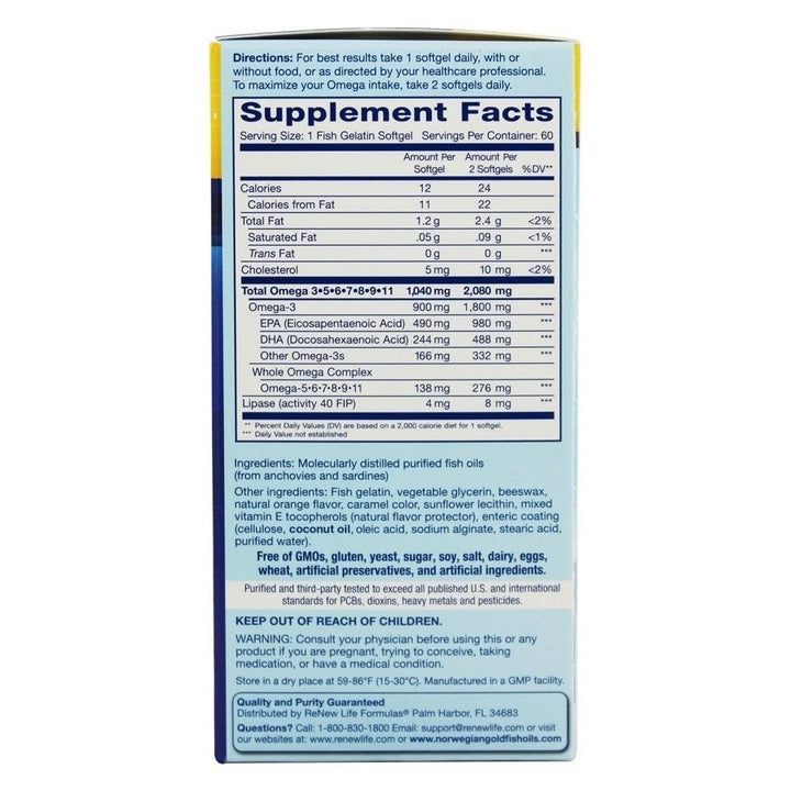Renew Life Norwegian Gold Critical Omega - 1200 mg - 60 Softgels - The Oasis of Health