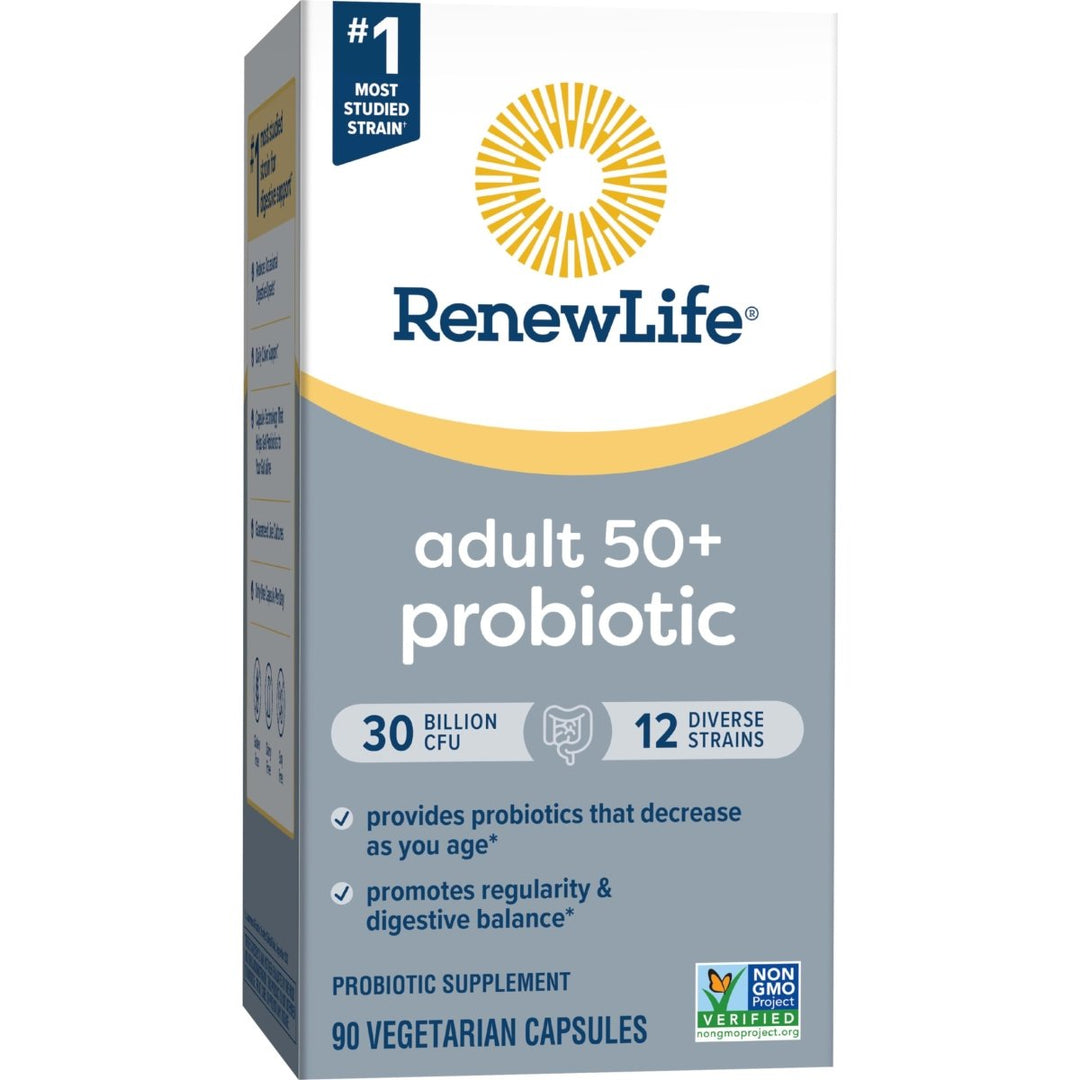 Renew Life Probiotic Adult 50 Plus Probiotic Capsules, Daily Supplement Supports Urinary, Digestive and Immune Health, L. Rhamnosus GG, Dairy, Soy and gluten - free, 30 Billion CFU, 90 Count - The Oasis of Health