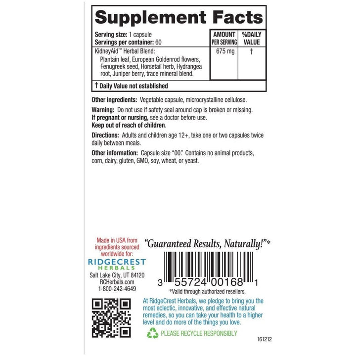 Ridgecrest KidneyAid 60 Vcaps - RG0015 - The Oasis of Health