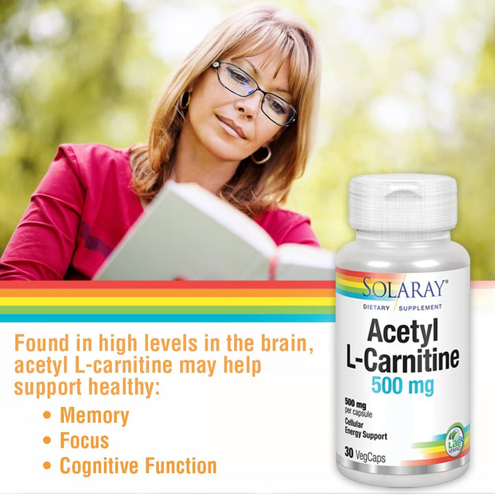 SOLARAY Acetyl L - Carnitine 500mg - Boost Cellular Energy, Memory, Mood, and Heart Health - 30 VegCaps - The Oasis of Health