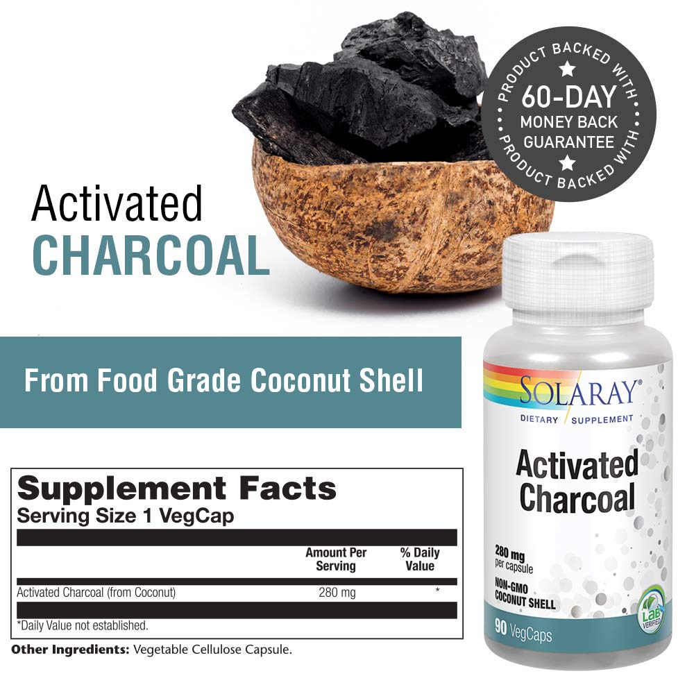 SOLARAY Activated Charcoal 280mg | Coconut Source | Healthy Inner Cleansing & Digestive Tract Support | Non - GMO, Vegan & Lab Verified | 90 Capsules - The Oasis of Health