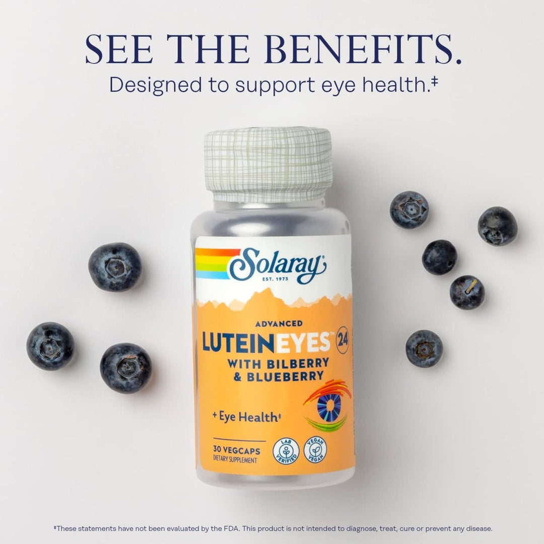SOLARAY Advanced Lutein Eyes 24mg with Bilberry Extract and Blueberry Extract, Eye & Macular Health Support Supplement Supplying Zeaxanthin from Marigold, Vegan, 30 Servings, 30 VegCaps - The Oasis of Health