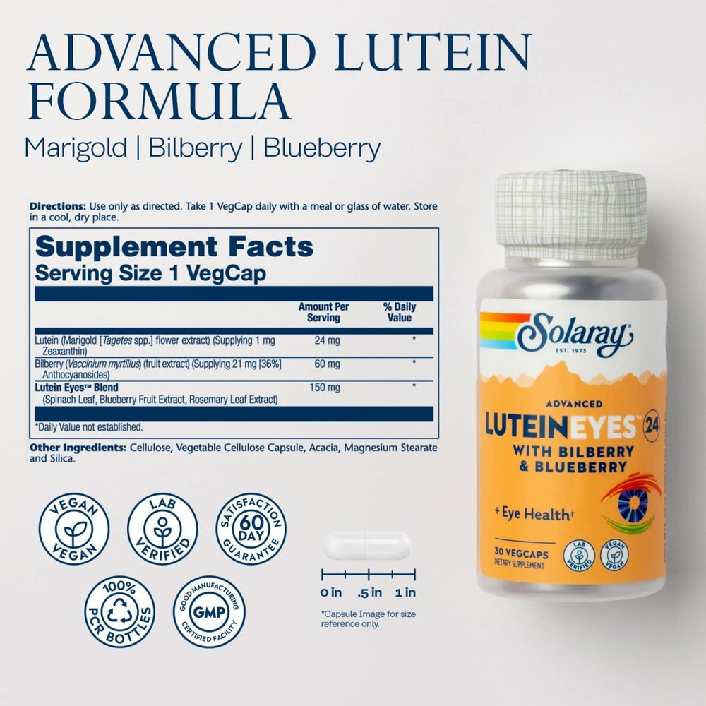 SOLARAY Advanced Lutein Eyes 24mg with Bilberry Extract and Blueberry Extract, Eye & Macular Health Support Supplement Supplying Zeaxanthin from Marigold, Vegan, 30 Servings, 30 VegCaps - The Oasis of Health