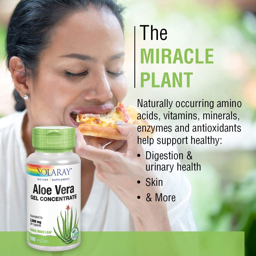 Solaray Aloe Vera Gel Concentrate - Antioxidant Support & Digestive Health - 2000 mg Equivalent - 100 VegCaps - The Oasis of Health