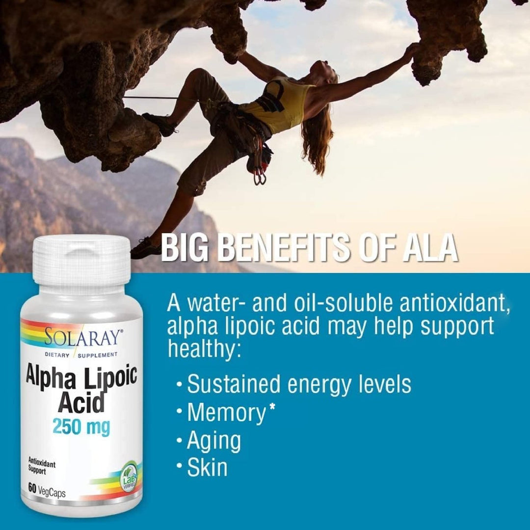 SOLARAY Alpha Lipoic Acid 250 mg - 60 VegCaps - Healthy Antioxidant Activity & Energy Support - Non - GMO & Vegan - The Oasis of Health