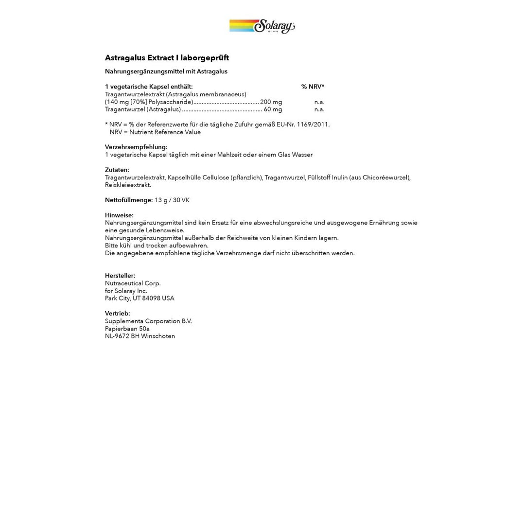 Solaray Astragalus Extract - 200mg Veg Capsules (30 Count) - The Oasis of Health